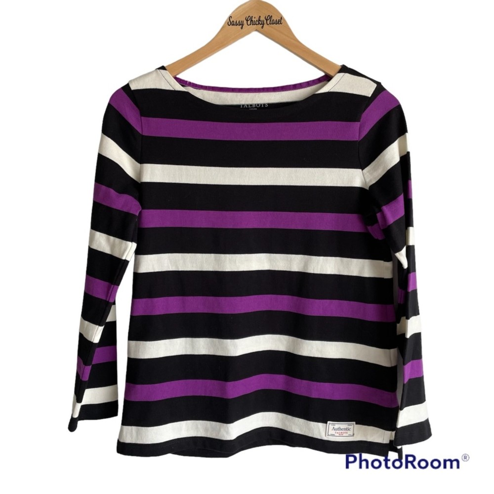 TALBOTS Petites Black, Purple, White Striped Long‎ Sleeve Casual Career Top, SP